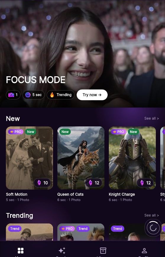 Veylumi home screen: Focus Mode, New templates, and the tab bar